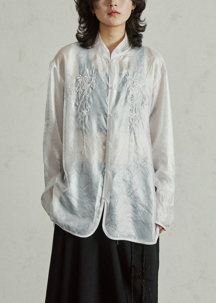 Chinese Style White Embroidered Button Organza Shirts Long Sleeve