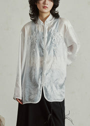 Chinese Style White Embroidered Button Organza Shirts Long Sleeve