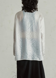 Chinese Style White Embroidered Button Organza Shirts Long Sleeve