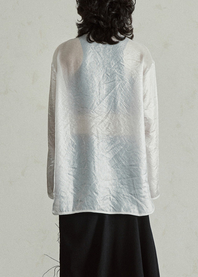 Chinese Style White Embroidered Button Organza Shirts Long Sleeve