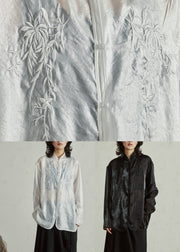 Chinese Style White Embroidered Button Organza Shirts Long Sleeve