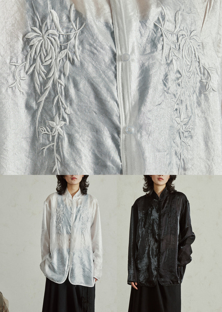 Chinese Style White Embroidered Button Organza Shirts Long Sleeve