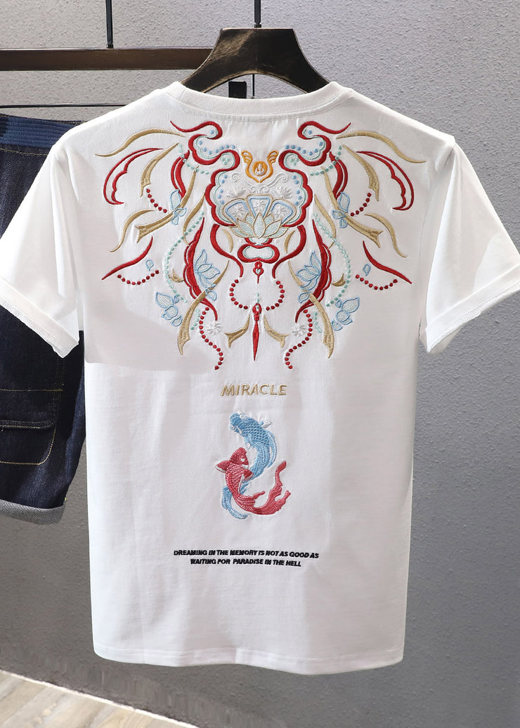 Chinese Style White Embroideried  Mens T Shirts Summer