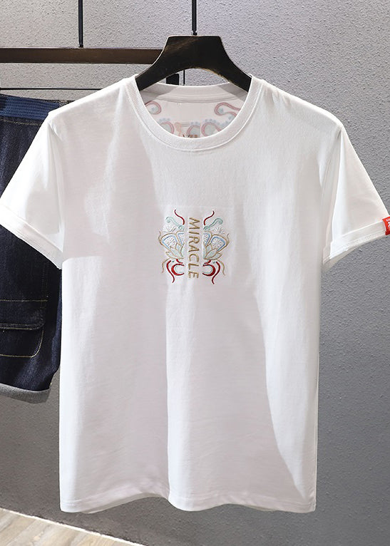 Chinese Style White Embroideried  Mens T Shirts Summer