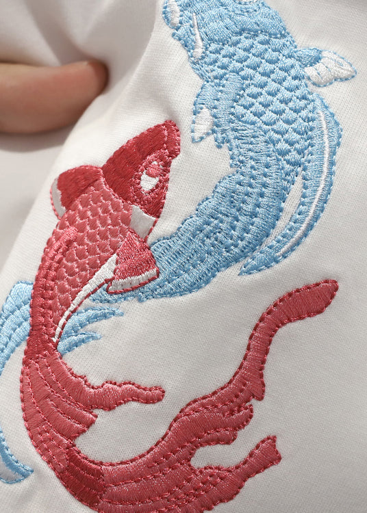 Chinese Style White Embroideried  Mens T Shirts Summer