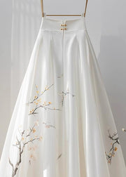 Chinese Style White High Waist Print Chiffon Skirts Fall