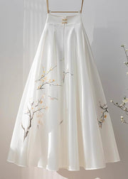 Chinese Style White High Waist Print Chiffon Skirts Fall