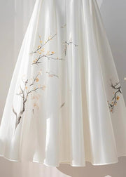Chinese Style White High Waist Print Chiffon Skirts Fall