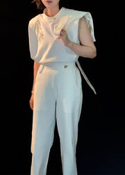 Chinese Style White O-Neck Embroidered Floral Top And Straight Pants Two Piece Set Summer