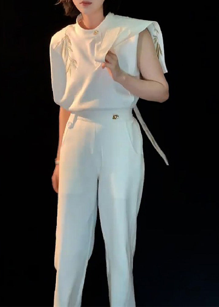 Chinese Style White O-Neck Embroidered Floral Top And Straight Pants Two Piece Set Summer