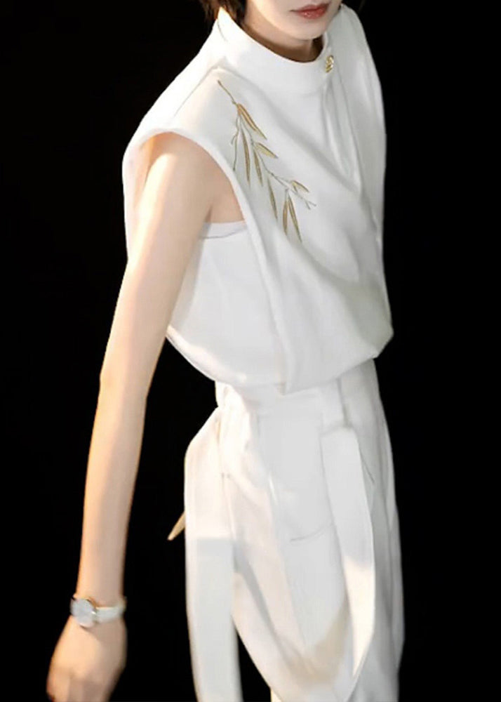 Chinese Style White O-Neck Embroidered Floral Top And Straight Pants Two Piece Set Summer