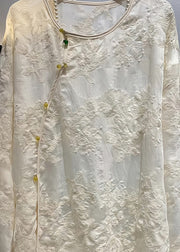 Chinese Style White O Neck Jacquard Cotton Tops Spring