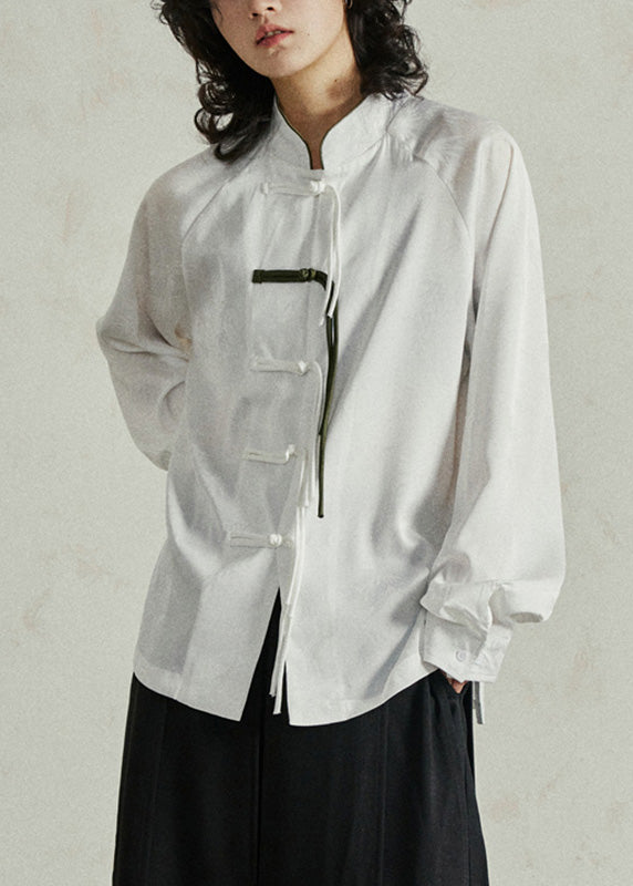 Chinese Style White Patchwork Solid Shirts Fall