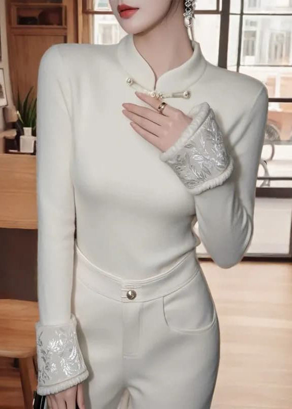 Chinese Style White Patchwork Warm Fleece Blouses Winter