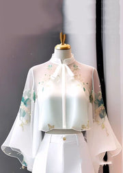 Chinese Style White Stand Collar Embroidered Chiffon Flare Sleeve Spring