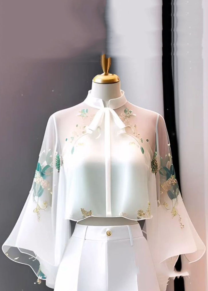 Chinese Style White Stand Collar Embroidered Chiffon Flare Sleeve Spring