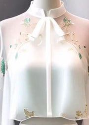 Chinese Style White Stand Collar Embroidered Chiffon Flare Sleeve Spring
