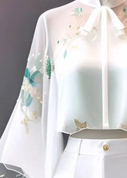 Chinese Style White Stand Collar Embroidered Chiffon Flare Sleeve Spring