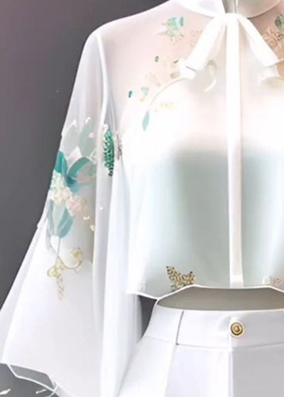 Chinese Style White Stand Collar Embroidered Chiffon Flare Sleeve Spring