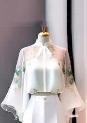 Chinese Style White Stand Collar Embroidered Chiffon Flare Sleeve Spring