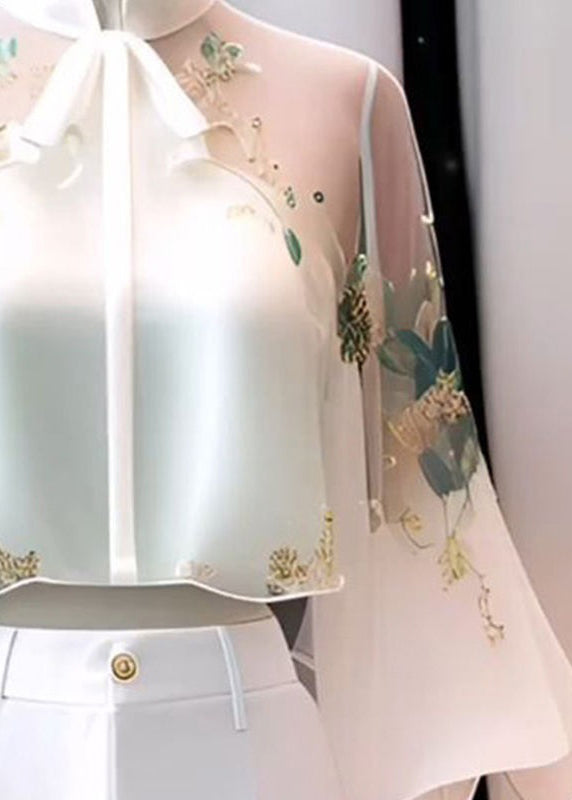 Chinese Style White Stand Collar Embroidered Chiffon Flare Sleeve Spring