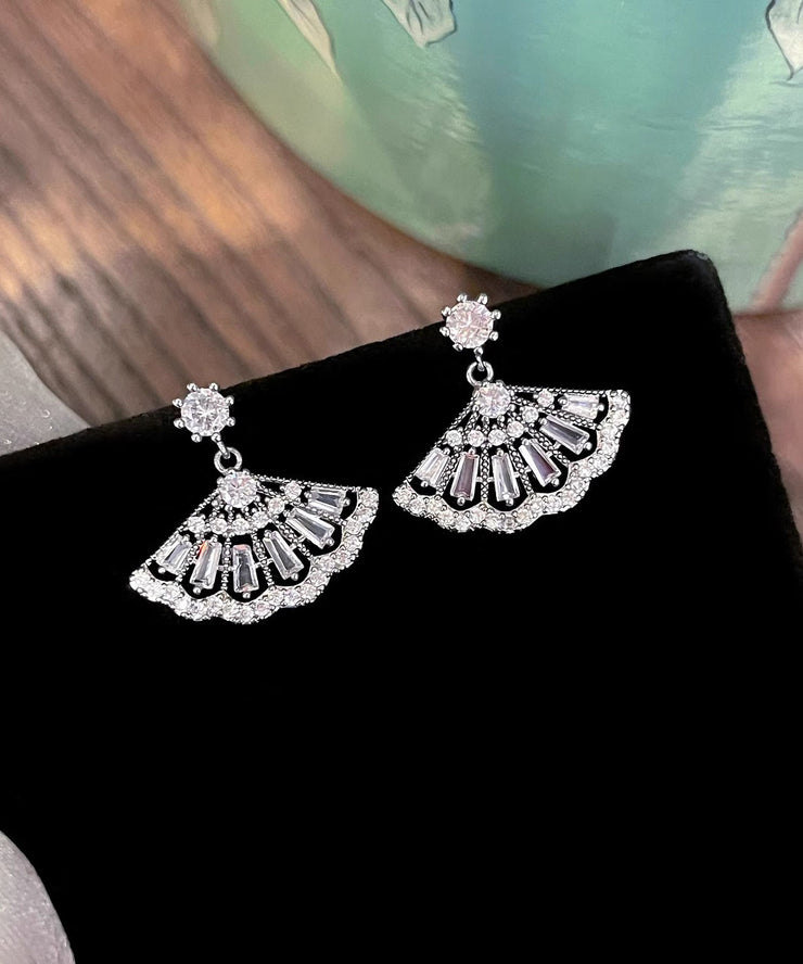 Chinese Style White Sterling Silver Zircon Tassel Drop Earrings