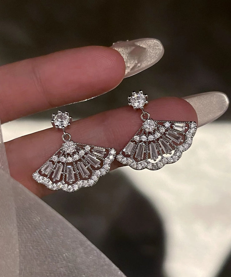 Chinese Style White Sterling Silver Zircon Tassel Drop Earrings