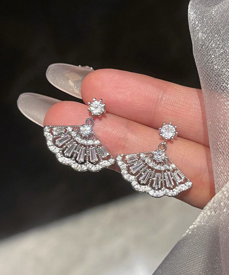 Chinese Style White Sterling Silver Zircon Tassel Drop Earrings