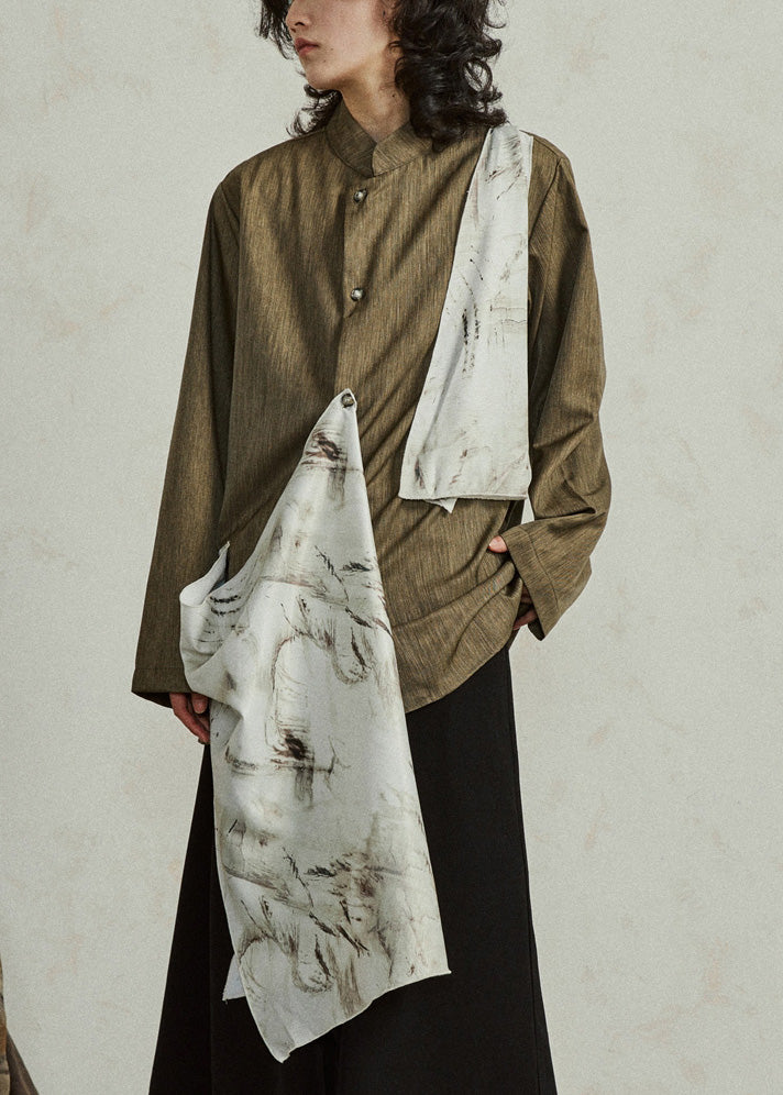 Chinese Style Yellow Asymmetrical Patchwork Button Shirt Fall