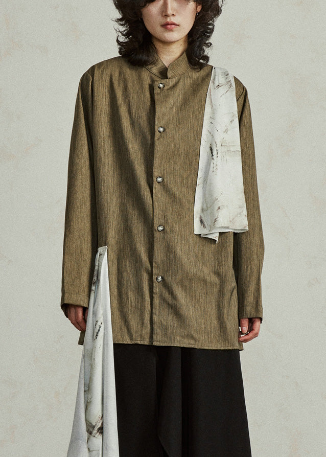 Chinese Style Yellow Asymmetrical Patchwork Button Shirt Fall