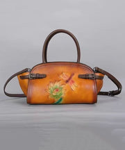 Chinese Style Yellow Calf Leather Embossed Tote Bag