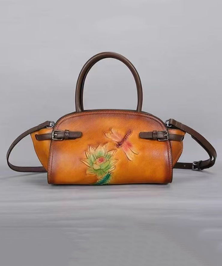 Chinese Style Yellow Calf Leather Embossed Tote Bag