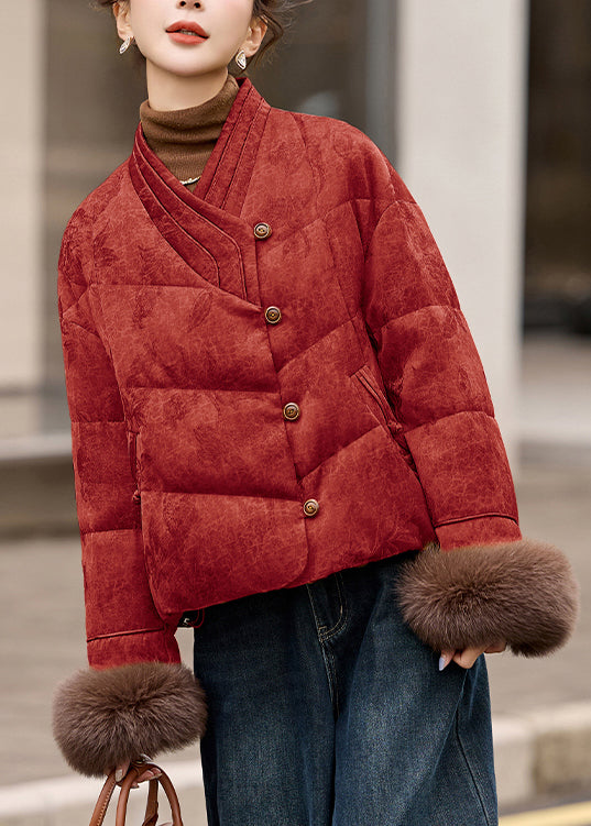 Chinese Style Yellow Jacquard Fur Patchwork Duck Down Coat Winter