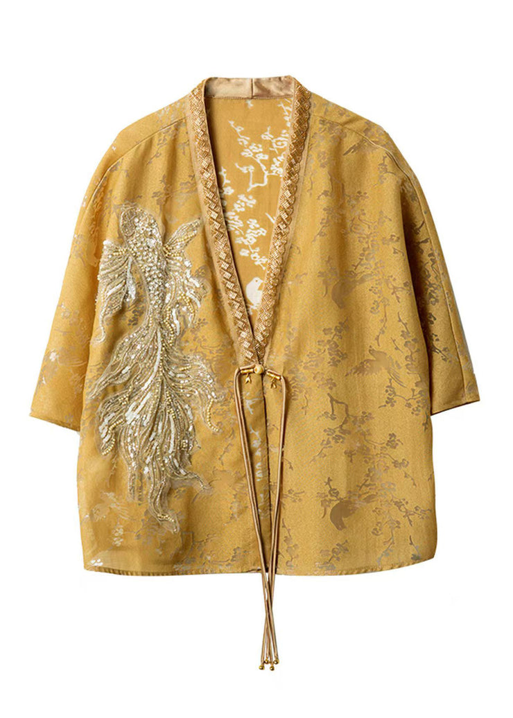 Chinese Style Yellow Nail Bead Tasseled Coat Batwing Sleeve