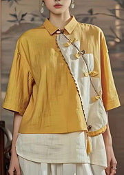 Chinese Style Yellow Peter Pan Collar Button Linen Shirts Summer