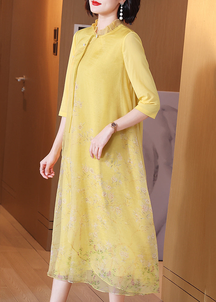 Chinese Style Yellow Ruffled Button Print Long Dress Half Sleeve – SooLinen