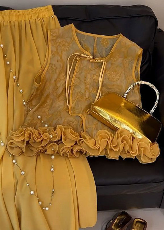 Chinese Style Yellow Ruffled Silk Two Pieces Set Summer