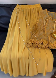 Chinese Style Yellow Ruffled Silk Two Pieces Set Summer