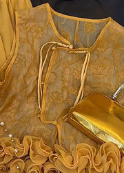Chinese Style Yellow Ruffled Silk Two Pieces Set Summer
