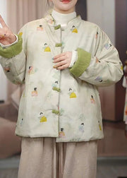 Chinese Style Yellow Stand Collar Button Print Cotton Filled Parkas Winter