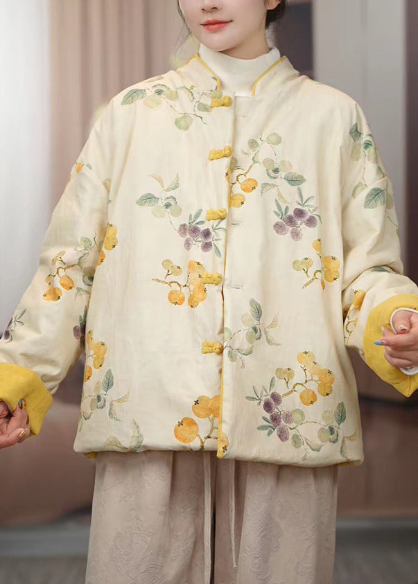 Chinese Style Yellow Stand Collar Button Print Cotton Filled Parkas Winter