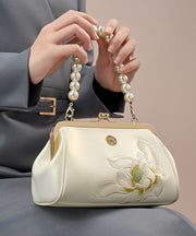 Chinese White Embroidered Cowhide Pearl Crossbody Handbag