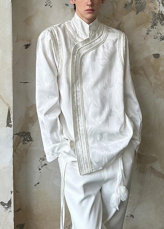 Chinese White Style White Stand Collar Nail Bead Cotton Men&