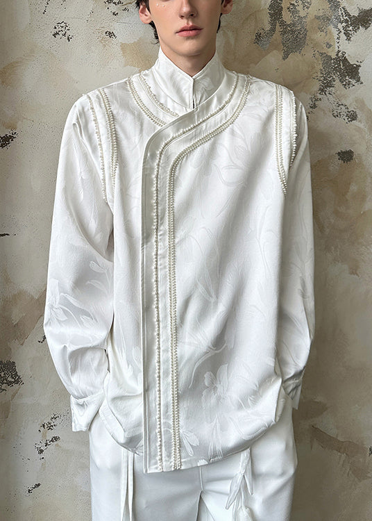 Chinese White Style White Stand Collar Nail Bead Cotton Men&