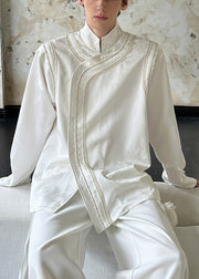 Chinese White Style White Stand Collar Nail Bead Cotton Men's Shirts Fall