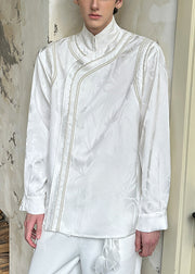 Chinese White Style White Stand Collar Nail Bead Cotton Men's Shirts Fall