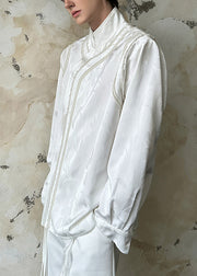 Chinese White Style White Stand Collar Nail Bead Cotton Men's Shirts Fall