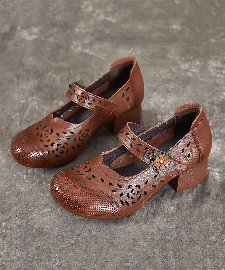 Chocolate Boho Chunky Heel Cowhide Leather Hollow Out Splicing Buckle Strap