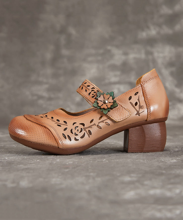 Chocolate Boho Chunky Heel Cowhide Leather Hollow Out Splicing Buckle Strap