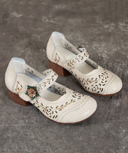 Chocolate Boho Chunky Heel Cowhide Leather Hollow Out Splicing Buckle Strap
